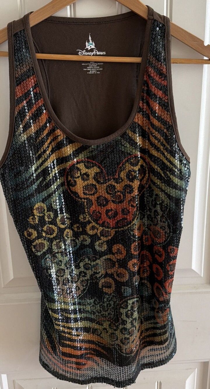 Disney PARKS Sequin Mickey Mouse TANK TOP Shirt L Theme Park Chic Glam Safari